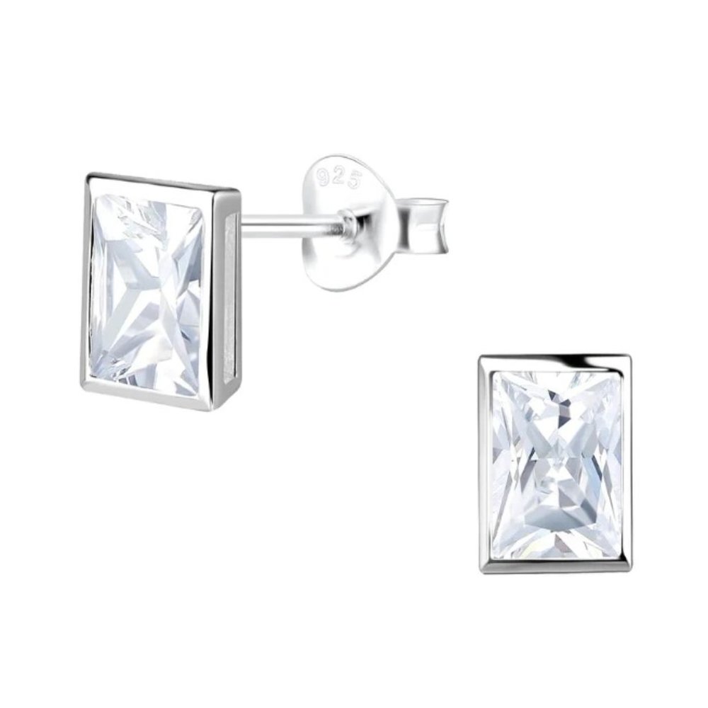 Baguette Cubic Zirconia Sterling Silver Stud Earrings 4x6mm